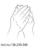 Two female hands in realistic gesture of stroking, rubbing and applying to skin moisturizing cream. Hand skin care to prolong health, beauty and youth. Skin care, nutrition and protection. Sketch. Две женские руки в реалистичном жесте поглаживания, растирания и нанесения на кожу увлажняющего крема. Уход за кожей рук для продления здоровья, красоты и молодости. Уход за кожей, питание и защита. Эскиз. Стоковая иллюстрация, иллюстратор Dmitry Domashenko / Фотобанк Лори