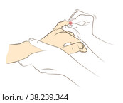 Hand massage, close-up. Physiotherapist presses special points on female palm to relieve headaches and other pains. Health and wellness acupressure manipulations. Alternative medicine, reflexology. Массаж рук, крупный план. Физиотерапевт нажимает на специальные точки на женской ладони, чтобы облегчить головную и другие боли. Акупрессурные манипуляции для здоровья и хорошего самочувствия. Альтернативная медицина, рефлексотерапия. Стоковая иллюстрация, иллюстратор Dmitry Domashenko / Фотобанк Лори