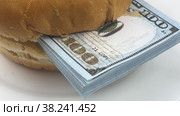 A hamburger with a wad of dollars is spinning on a white plate. Food and money. Стоковое видео, видеограф Ярославский Максим / Фотобанк Лори