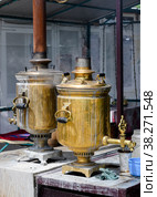 Samovars with a century-old history prepare tea in a rural teahouse in Kyrgyzstan. Стоковое фото, фотограф Сергей Фролов / Фотобанк Лори