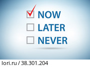 Concept of procrastination with now or later. Стоковое фото, фотограф Elnur / Фотобанк Лори