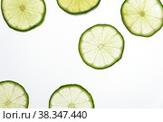 Slices of green fresh lime on a white background on the lumen. Close-up shooting. Стоковое фото, фотограф Ярославский Максим / Фотобанк Лори