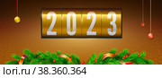 Happy new year 2023. Decorated greeting card. Fir branches and Christmas toys on background. Mechanical countdown show elapsed time. Template for greeting card. Стоковая иллюстрация, иллюстратор Эдуард Слободянюк / Фотобанк Лори
