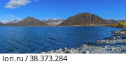 Autumn panoramic landscape with a mountain lake. Big Voodyavr, Kirovsk, Kola peninsula, Murmansk region, Russia. Стоковое фото, фотограф Михаил Аккуратoв / Фотобанк Лори