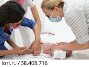 Baby beeing vaccinated by pediatrician in presence of his mother. Preventive vaccination against Diphtheria, whooping cough, tetanus, hepatitis, haemophilus influenzae, pneumococcus, poliomyelitis. Стоковое фото, фотограф Matej Kastelic / Фотобанк Лори