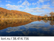 Gold autumn. Beautiful mirror reflection in the water of a forest lake trees and clouds. Стоковое фото, фотограф Яна Королёва / Фотобанк Лори
