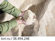 Handful of maize meal in hands of male farm worker. Стоковое фото, фотограф Яков Филимонов / Фотобанк Лори