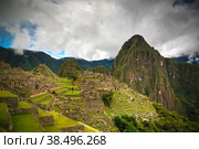 Aerial Panoramic view to Machu Picchu archaeological site and Huayna Picchu mountain , Cuzco, Peru (2018 год). Стоковое фото, фотограф Сергей Майоров / Фотобанк Лори
