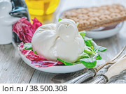Burato cheese and lettuce for weight correction of Lollo Rosso lettuce leaves, watercress salad and other green herbs. Стоковое фото, фотограф Оксана Медведева / Фотобанк Лори