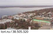 Заявочный план небольшого города на Волге. Вольск. Весна. Облёт на дроне. Стоковое видео, видеограф Евгений Ковалев / Фотобанк Лори