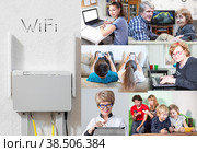 Домашний WiFi роутер и пользователи с гаджетами, коллаж. Стоковое фото, фотограф Кекяляйнен Андрей / Фотобанк Лори