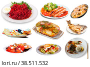 View of many plates with different food over white background. Стоковое фото, фотограф Яков Филимонов / Фотобанк Лори