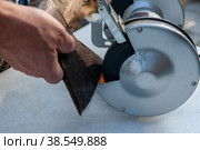 Close-up of men's hands sharpening an axe on an electric sharpener. Repair of home tools with Your own hands. Стоковое фото, фотограф Оксана Медведева / Фотобанк Лори