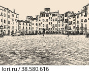 View of fragment main square amphitheater of Lucca town in Tuscany. Стоковая иллюстрация, иллюстратор Джамилия Ермакова / Фотобанк Лори