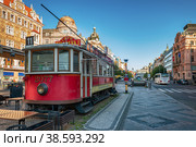 Czech Prague, August 13, 2017: An authentic unusual cafe in the form of two real old trams symbolizing retro transport on Wenceslas Square. Редакционное фото, фотограф Оксана Медведева / Фотобанк Лори