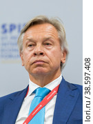 Russia. Saint-Petersburg. XXIII St. Petersburg International Economic Forum 2019. SPIEF 2019 participants. Russian statesman and public figure Alexey Pushkov. Россия. Санкт-Петербург. XXIII Петербургский международный экономический форум 2019. Участники ПМЭФ-2019. Российский государственный и общественный деятель Алексей Пушков. Редакционное фото, фотограф Алексей Смышляев / Фотобанк Лори