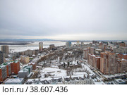 Панорама заснеженного Хабаровска и реки Амур (2022 год). Стоковое фото, фотограф Геннадий Соловьев / Фотобанк Лори