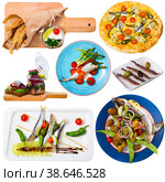 Collage of dishes with different seafood - sprat, hamsa, anchovy. Стоковое фото, фотограф Яков Филимонов / Фотобанк Лори