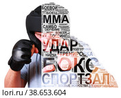 Портрет спортсмена практикующего боевые искусства и русскоязычное облако тегов связанных со спортивными единоборствами. В облаке слов используется русский язык. Стоковое фото, фотограф Олег Безруков / Фотобанк Лори