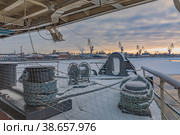 St. Petersburg, Russia January 07, 2023: The legendary icebreaker Krasin is permanently moored at the port berth on the Neva River. Museum of the World Ocean. Historic ship, conqueror of the Arctic. Редакционное фото, фотограф Владимир Ендовицкий / Фотобанк Лори