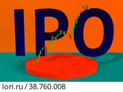 IPO. Первоначальное публичное размещение акций компании. Первоначальная публичная эмиссия прошла успешно. График вида «японские свечи» показывает рост цены. Стоковая иллюстрация, иллюстратор Олег Безруков / Фотобанк Лори