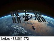 International Space Station ISS Orbiting over Earth. 3D Illustration. Стоковая иллюстрация, иллюстратор Александр Володин / Фотобанк Лори
