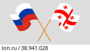 Скрещенные и развевающиеся флаги России и Грузии. Стоковая иллюстрация, иллюстратор Олег Безруков / Фотобанк Лори