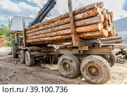 Timber carrier with large sawn logs at the wood storage place. Стоковое фото, фотограф FotograFF / Фотобанк Лори