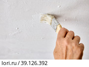 Ceiling is tinted with paint brush, house painter tints surface with white paint. Стоковое фото, фотограф Владимир Григорьев / Фотобанк Лори