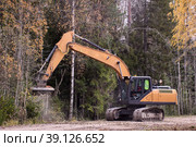 Forestry mulching machine attached to excavator, being used to clear roadside brush. Стоковое фото, фотограф Владимир Григорьев / Фотобанк Лори
