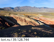 Photographer or tourist take picture of mars mountain valley landscape. Amazing Altai nature view of Kyzyl-Chin valley, mountain slopes. Concept of tourism and geology in Russia. Altai, Siberia. Стоковое фото, фотограф Евгений / Фотобанк Лори