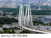 Санкт-Петербург. Кольцевая автомобильная дорога (КАД). Большой Обуховский мост через Неву. Вид сверху. (2020 год). Редакционное фото, фотограф Александр Тарасенков / Фотобанк Лори
