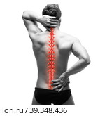 Spine pain, man with backache and ache in the neck, black and white photo with red backbone. Стоковое фото, фотограф Станислав Тарко / Фотобанк Лори