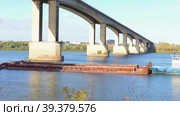 Nizhny Novgorod, Russia, Oka River, 10.08.2022. A boat with a barge goes along the river over the bridge in autumn. Стоковое видео, видеограф Egor Sarantstv / Фотобанк Лори