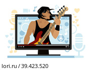 Мужчина-басист выступает онлайн. Музыкант или артист создает онлайн-шоу в приложении на ноутбуке. Плоская векторная иллюстрация. Стоковая иллюстрация, иллюстратор Юлия Мелешина / Фотобанк Лори
