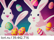 Postcard quirky and humorous surreal Easter bunnies with a twist. Set against a vibrant purple background, bunnies  Reinterpretation of the classic Easter theme gives the postcard. Стоковое AI-изображение, AI-художник Владимир Разгуляев / Фотобанк Лори