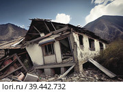 Photo depicts the aftermath of a devastating earthquake in a residential village in Syria. The once-sturdy house lies in ruins, its walls crumbled and scattered across the ground. The roof has caved. Стоковое AI-изображение, AI-художник Владимир Разгуляев / Фотобанк Лори