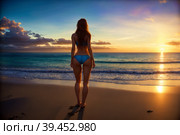 Rear shot of beautiful young woman relaxing on sunny beach at tropical seashore with palm trees and white sand. It's not a real existing person, fully AI generated picture, without any reference. Стоковое AI-изображение, AI-художник Сергей Старуш / Фотобанк Лори