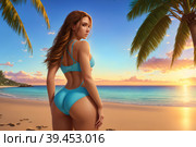 Rear shot of beautiful young woman relaxing on sunny beach at tropical seashore with palm trees and white sand. It's not a real existing person, fully AI generated picture, without any reference. Стоковое AI-изображение, AI-художник Сергей Старуш / Фотобанк Лори