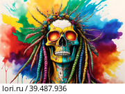 Painted human skull with colorful dreads, flowers and paint spashes, AI generated. Стоковое AI-изображение, AI-художник Сергей Старуш / Фотобанк Лори