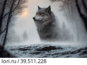 Giant wolf, warg Fenrir, looking at you trough snow covered trees in the northern forest at twilight. AI generated. Стоковое AI-изображение, AI-художник Сергей Старуш / Фотобанк Лори