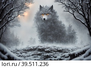 Giant wolf, warg Fenrir, looking at you trough snow covered trees in the northern forest at twilight. AI generated. Стоковое AI-изображение, AI-художник Сергей Старуш / Фотобанк Лори