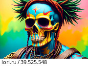 Painted human skull with colorful dreads, flowers and paint spashes, AI generated. Стоковое AI-изображение, AI-художник Сергей Старуш / Фотобанк Лори