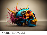 Painted human skull on colorful background of colorful paint spashes, AI generated. Стоковое AI-изображение, AI-художник Сергей Старуш / Фотобанк Лори