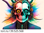 Painted human skull with colorful dreads, flowers and paint spashes, AI generated. Стоковое AI-изображение, AI-художник Сергей Старуш / Фотобанк Лори