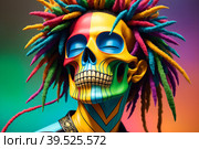 Painted human skull with colorful dreads, flowers and paint spashes, AI generated. Стоковое AI-изображение, AI-художник Сергей Старуш / Фотобанк Лори