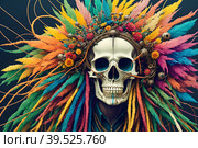 Painted human skull with colorful dreads, flowers and paint spashes, AI generated. Стоковое AI-изображение, AI-художник Сергей Старуш / Фотобанк Лори