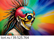 Painted human skull with colorful dreads, flowers and paint spashes, AI generated. Стоковое AI-изображение, AI-художник Сергей Старуш / Фотобанк Лори
