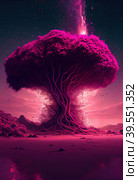 Pink lonely branchy tree on pink planet under a starry sky and a starry milky way. Стоковое AI-изображение, AI-художник Евгений Ткачёв / Фотобанк Лори