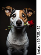 Portrait of cute jack Russell terier dog holding a red rose in its teeth. Стоковое AI-изображение, AI-художник Zakharova Natasha / Фотобанк Лори